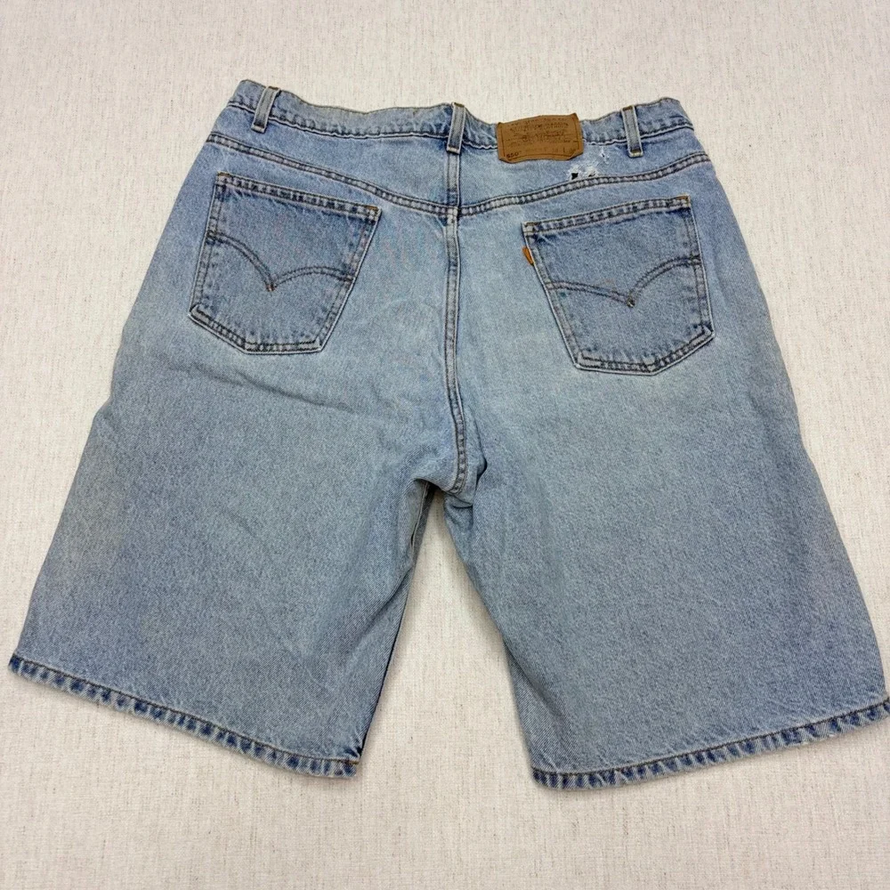 Vintage 90s Levis 550 Relaxed Fit Shorts Light Wash Orange Tab Men 38 Distresse